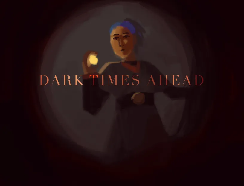 A blue haired character looks out with a flashlight in a dark corridor